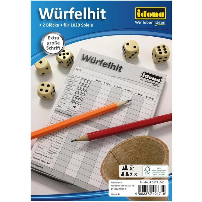 Idena Würfelspiel 40171 Würfelhit-Blöcke, Ab 8 Jahre, 2-8 Spieler, 170 Blatt, A5