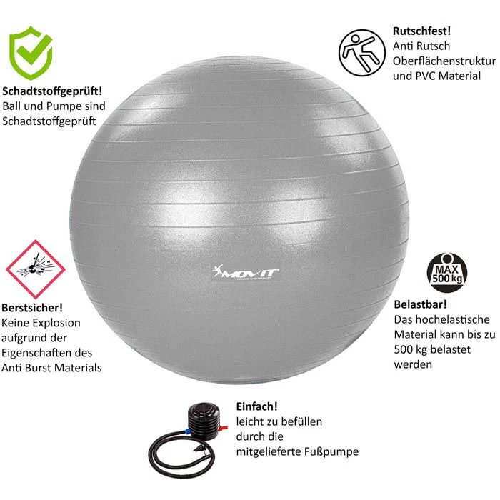 Movit Gymnastikball Dynamic Ball, 55cm, Belastbar Bis 500kg, Mit Pumpe, Silber â Bild 2