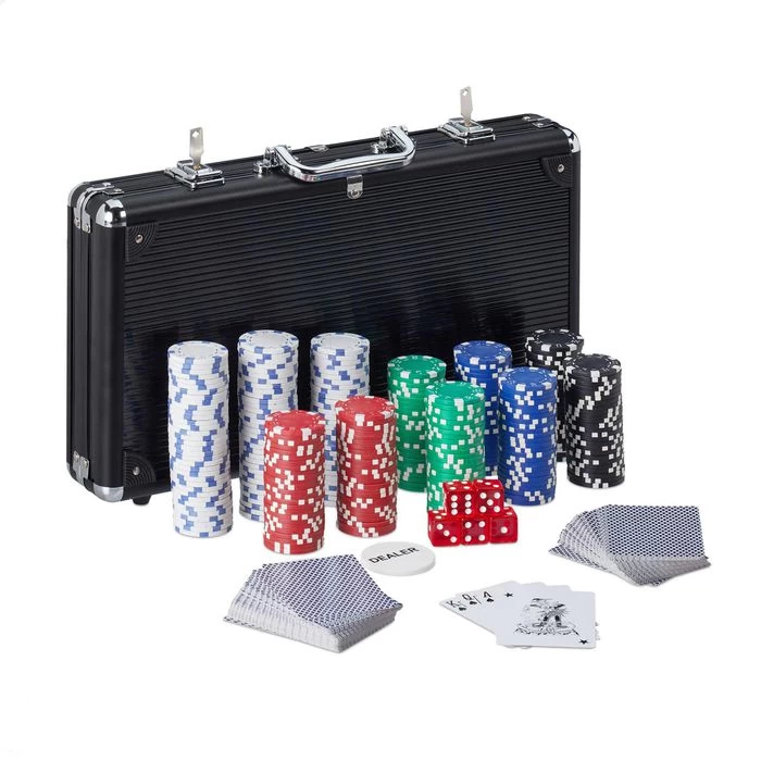 Relaxdays Pokerkoffer 300 Chips Ohne Wert, Alu-Koffer, Schwarz, Abschließbar, 2 Decks