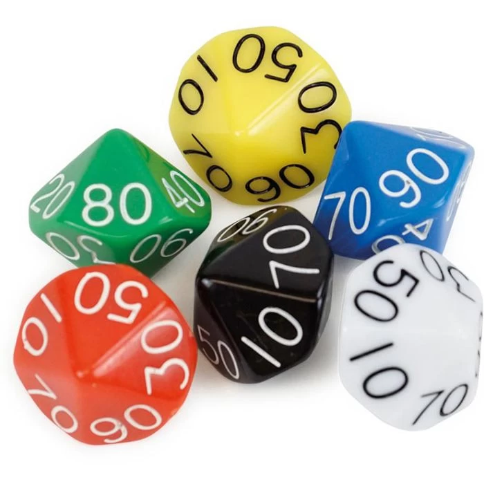 TimeTex Würfel 93637 Zehner 00-90, Bunt ,10-seitig, Zahlenwürfel, Ø 20mm, 6 Stück