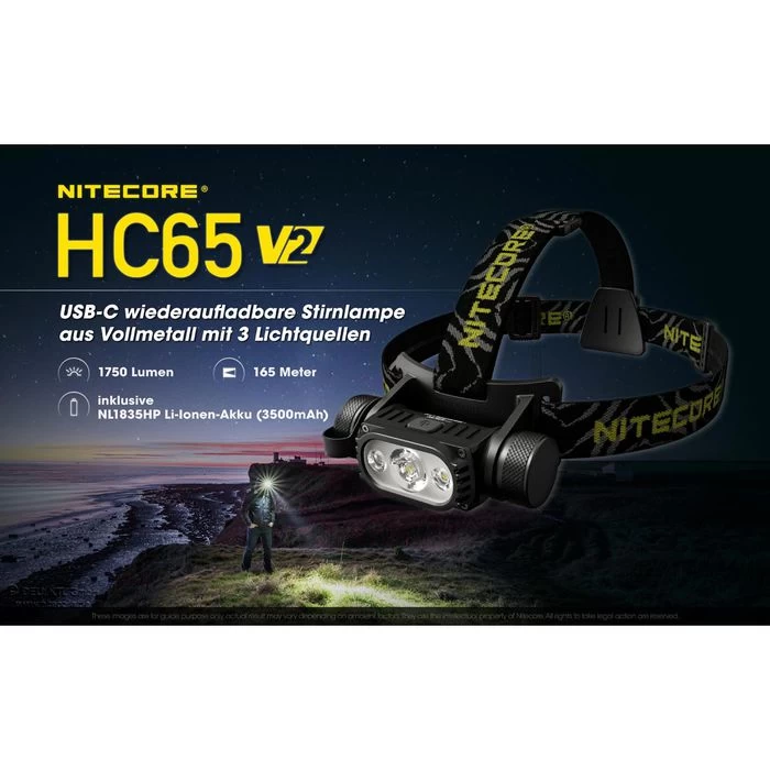 Nitecore Stirnlampe HC65 V2 LED, 1750 Lumen, USB, Akku, Rotlicht, Wasserdicht – Bild 2