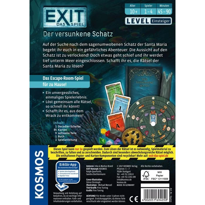 Kosmos Kartenspiel EXIT Der Versunkene Schatz, Ab 10 Jahre, 1-4 Spieler â Bild 2