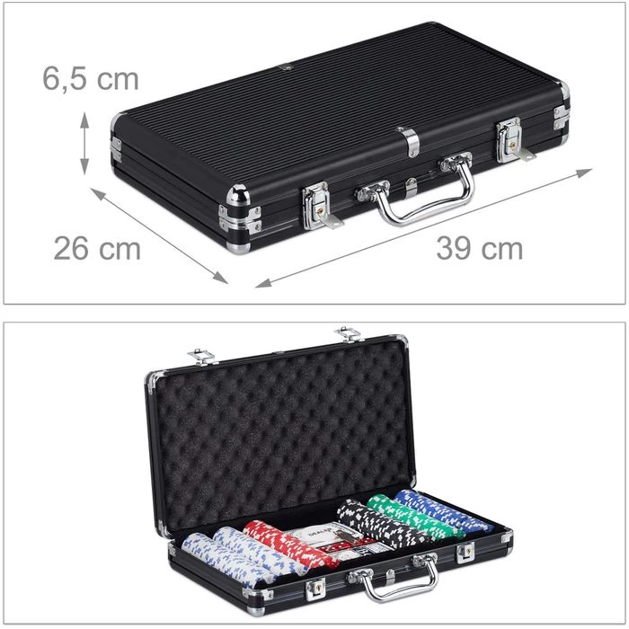 Relaxdays Pokerkoffer 300 Chips Ohne Wert, Alu-Koffer, Schwarz, Abschließbar, 2 Decks – Bild 2