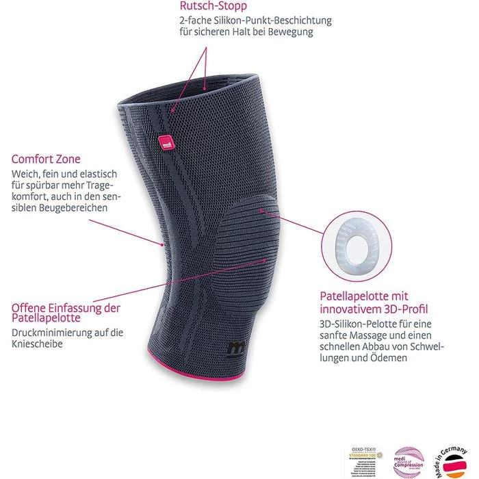 Medi Kniebandage Genumedi Komfort, Extraweit, Silber, Mit Silikonring & Haftband, Größe III – Bild 3