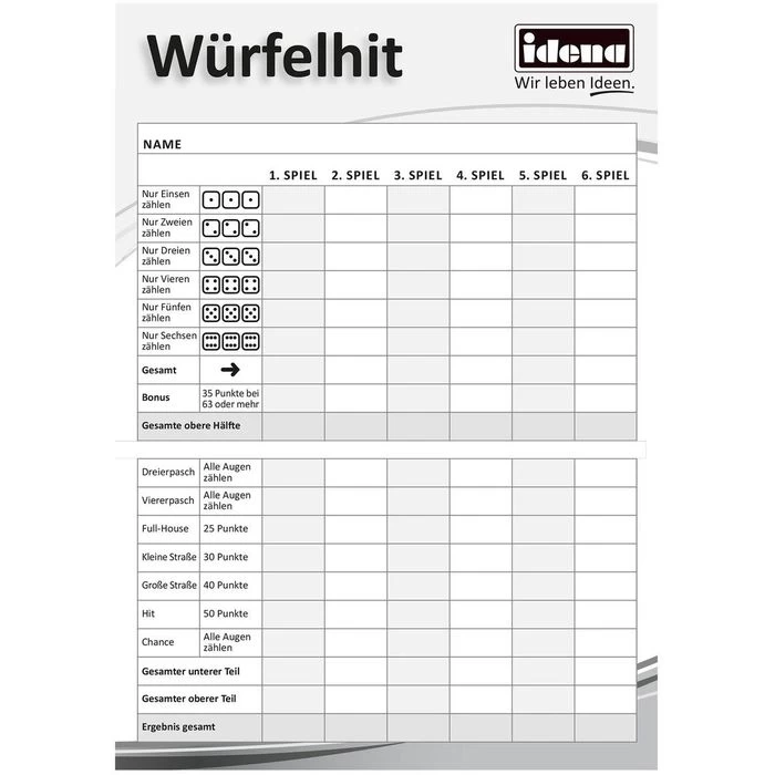 Idena Würfelspiel 40171 Würfelhit-Blöcke, Ab 8 Jahre, 2-8 Spieler, 170 Blatt, A5 – Bild 2