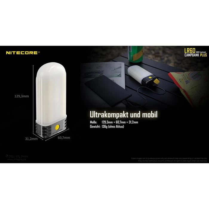 Nitecore Campinglampe LR60 LED Dimmbar, 280 Lumen, Akku, Magnet, Powerbank â Bild 3