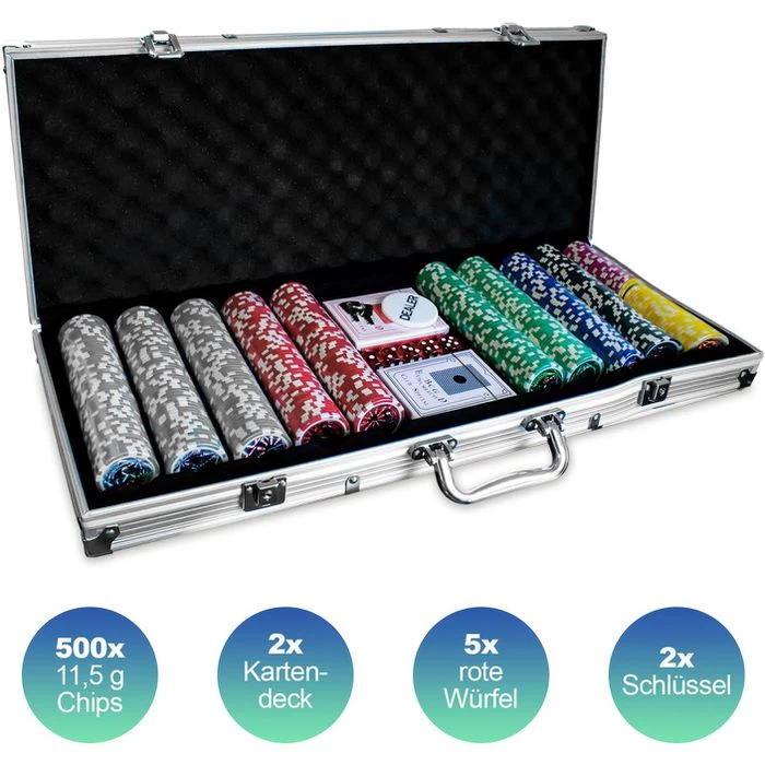 Eaxus Pokerkoffer 92110, 500 Chips, Aluminium-Koffer, 2 Decks, Dealer Button, Würfel – Bild 2