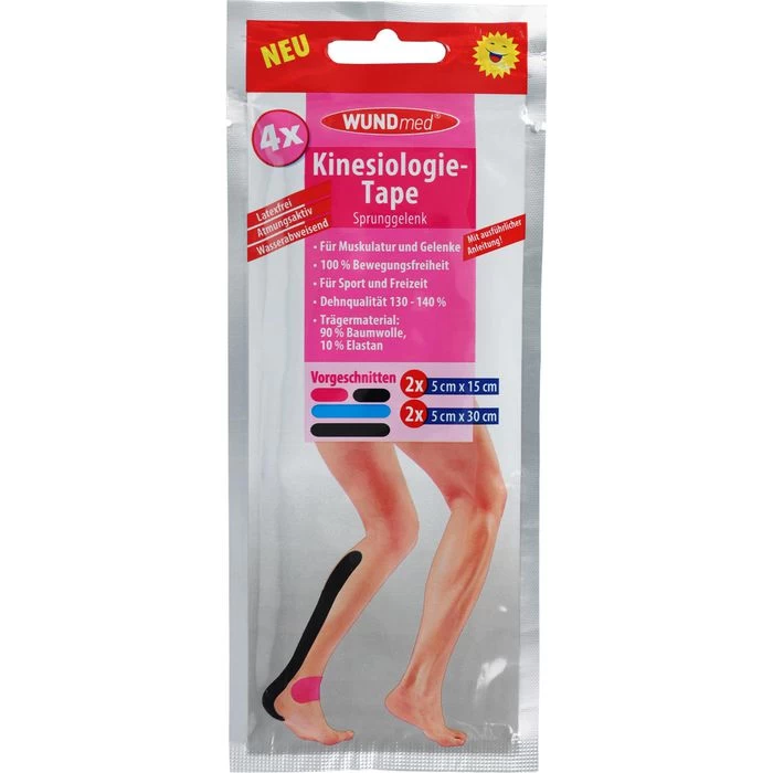 WUNDmed Kinesio-Tape Sprunggelenk, 4 Stück, 2 Größen, Wasserfest, Elastisch, Farbig Sortiert