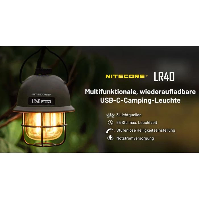 Nitecore Campinglampe LR40 Weiß LED Dimmbar, 100 Lumen, Akku, USB, Powerbank – Bild 2